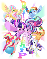 Size: 1500x1900 | Tagged: safe, artist:phoenixperegrine, derpibooru import, applejack, fluttershy, pinkie pie, rainbow dash, rarity, starlight glimmer, twilight sparkle, twilight sparkle (alicorn), alicorn, earth pony, pegasus, pony, unicorn, female, friends, mane six, mare, rainbow power, simple background, transparent background