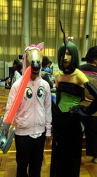 Size: 528x960 | Tagged: safe, pinkie pie, queen chrysalis, human, clothes, cosplay, costume, irl, irl human, photo