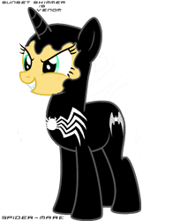Size: 1024x1256 | Tagged: safe, artist:mp3fimmusic, sunset shimmer, pony, unicorn, fangs, marvel, simple background, solo, spider-man, symbiote, transparent background, vector, venom