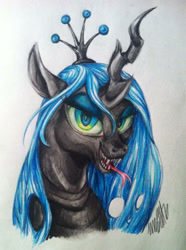 Size: 716x960 | Tagged: safe, artist:ivory crescent, queen chrysalis, changeling, changeling queen, bust, fangs, female, portrait, solo, tongue out