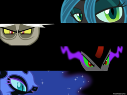 Size: 1600x1200 | Tagged: safe, artist:bronyb34r, artist:lcpsycho, artist:luckysmores, artist:mikamckeena, artist:sapoltop, discord, king sombra, nightmare moon, queen chrysalis, changeling, changeling queen, pony, unicorn, bars, black background, dem eyes, simple background, vector, wallpaper