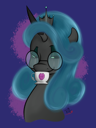 Size: 3000x4000 | Tagged: source needed, useless source url, safe, alternate version, artist:chibiteff, queen chrysalis, reversalis, changeling, changeling queen, glasses, solo, teacup