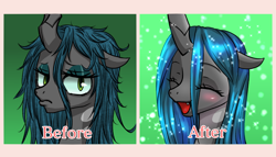 Size: 1000x572 | Tagged: safe, artist:jurisalis, queen chrysalis, changeling, changeling queen, bed mane, before and after, bust, cute, cutealis, eyes closed, female, looking at you, messy mane, open mouth, smiling, solo