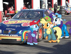 Size: 800x600 | Tagged: safe, derpibooru import, applejack, rainbow dash, rarity, pony, backwards ballcap, baseball cap, cap, hat, hot wheels, irl, kyle petty, nascar, photo, pit crew, ponies in real life, pontiac, pontiac grand prix, race car #44