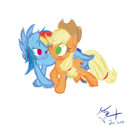 Size: 1200x1200 | Tagged: safe, artist:frist44, derpibooru import, applejack, rainbow dash, earth pony, pegasus, pony, appledash, bedroom eyes, blushing, butt touch, explicit source, eye contact, feathermarking, female, hat, lesbian, shipping, smiling, wide eyes