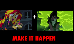 Size: 800x476 | Tagged: safe, sunset shimmer, equestria girls, african lion, be prepared, blouse, clothes, exploitable meme, jacket, leather jacket, make it happen, meme, obligatory pony, scar, scar (the lion king), skirt, the lion king, uh oh