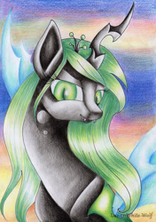 Size: 900x1276 | Tagged: safe, artist:lunar-white-wolf, queen chrysalis, changeling, changeling queen, female, smiling, solo, traditional art