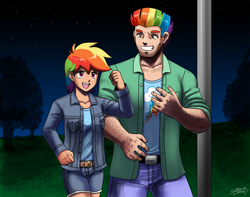 Size: 2000x1572 | Tagged: safe, artist:johnjoseco, derpibooru exclusive, derpibooru import, bow hothoof, rainbow dash, human, father and child, father and daughter, father's day, female, humanized, male, parent and child, yaoi hands
