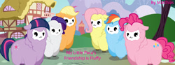 Size: 1514x566 | Tagged: safe, artist:matthias-b, derpibooru import, applejack, fluttershy, pinkie pie, rainbow dash, rarity, twilight sparkle, alpaca, :3, cute, floppy ears, mane six, my little x, smiling, species swap, vector