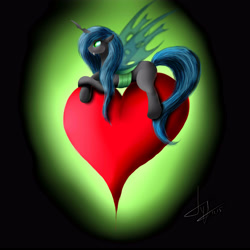 Size: 5000x5000 | Tagged: safe, artist:skitsroom, queen chrysalis, changeling, changeling queen, absurd resolution, female, heart, prone, solo