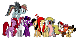 Size: 2000x1000 | Tagged: safe, artist:midnightstar432, derpibooru import, apple bloom, applejack, derpy hooves, fluttershy, pinkie pie, rainbow dash, rarity, scootaloo, sweetie belle, twilight sparkle, twilight sparkle (alicorn), alicorn, earth pony, pegasus, pony, unicorn, applepills, brutalight sparcake, creepy belle, crossover, cutie mark creeps, cutie mark crusaders, cutie mark monsters, derpigun, elements of insanity, fluttershout, francie bloom, karateloo, mane six, pinkis cupcake, rainbine, rainbine ears, rarifruit, simple background, transparent background