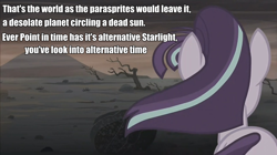 Size: 960x538 | Tagged: safe, screencap, starlight glimmer, parasprite, pony, unicorn, the cutie re-mark, alternate timeline, ashlands timeline, barren, doctor who, image macro, implied genocide, meme, post-apocalyptic, pyramids of mars, solo, wasteland