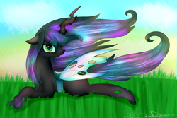 Size: 1024x683 | Tagged: safe, artist:rubyblossomva, queen chrysalis, changeling, changeling queen, ethereal mane, prone, solo