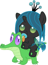 Size: 786x1067 | Tagged: safe, artist:red4567, gummy, queen chrysalis, changeling, changeling queen, nymph, pony, baby, baby pony, cute, cutealis, ponies riding gators, recolor, weapons-grade cute