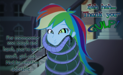 Size: 1255x765 | Tagged: safe, artist:snakeythingy, derpibooru import, rainbow dash, equestria girls, coils, crossover, dialogue, kaa, kaa eyes, mind control, peril, photomanipulation