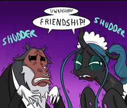 Size: 1927x1635 | Tagged: safe, artist:doublewbrothers, lord tirek, queen chrysalis, centaur, changeling, changeling queen, butler, clothes, comic, cropped, cute, cutealis, derp, description is relevant, dialogue, duo, female, friendship, hilarious in hindsight, maid, male, onomatopoeia, open mouth, reaction image, shuddering, tirebetes