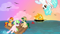 Size: 1280x720 | Tagged: safe, artist:violetclm, drama letter, paisley, sunset shimmer, sweet leaf, watermelody, pony, equestria girls, background human, equestria girls ponified, fire, hanukkah, menorah, ocean, ponified, raft, shimmer six, shipwreck, water