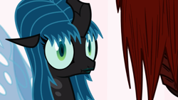 Size: 1067x600 | Tagged: safe, artist:mixermike622, queen chrysalis, oc, oc:marksaline, changeling, changeling queen, alternate hairstyle, reaction image, scrunchy face, shock, tumblr:ask fluffle puff