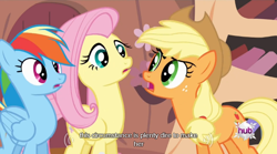 Size: 640x355 | Tagged: safe, derpibooru import, screencap, applejack, fluttershy, rainbow dash, earth pony, pegasus, pony, bats!, meme, mlp-captions, youtube caption