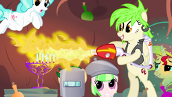 Size: 1280x720 | Tagged: safe, artist:violetclm, cherry crash, drama letter, paisley, sunset shimmer, sweet leaf, watermelody, pony, equestria girls, background human, bipedal, equestria girls ponified, fire, flamethrower, hanukkah, judaism, menorah, ponified, shimmer six, weapon, wingding eyes