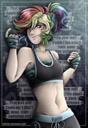 Size: 1240x1800 | Tagged: safe, artist:kikirdcz, derpibooru import, rainbow dash, human, alternate hairstyle, bandage, belly button, clothes, female, humanized, midriff, multicolored hair, smiling, solo, sports bra, tape, trunks, wrist tape