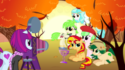 Size: 1280x720 | Tagged: safe, artist:violetclm, cherry crash, drama letter, mystery mint, paisley, sunset shimmer, sweet leaf, watermelody, pony, equestria girls, background human, camera, equestria girls ponified, hanukkah, menorah, ponified, shimmer six