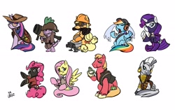 Size: 3101x1945 | Tagged: safe, artist:elosande, artist:jmz, derpibooru import, applejack, big macintosh, fluttershy, pinkie pie, rainbow dash, rarity, spike, twilight sparkle, zecora, dragon, earth pony, pegasus, pony, unicorn, zebra, crossover, crying, democora, demoman, dog tags, engiejack, engineer, fluttermedic, glasses, heavy mac, heavy weapons guy, male, mane seven, mane six, medic, ocular gushers, pinkie pyro, pyro, rainbow scout, rarispy, sandwich, scout, sniper, soldier, spy, stallion, team fortress 2, twilight sniper, wrench