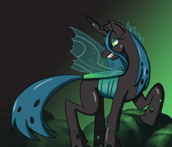 Size: 1024x876 | Tagged: dead source, safe, artist:daphfloconmojo, queen chrysalis, changeling, changeling queen, looking back, raised hoof, solo, watermark