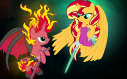 Size: 6400x4000 | Tagged: safe, artist:beavernator, sunset satan, sunset shimmer, alicorn, angel, demon, pony, equestria girls, my past is not today, alicornified, equestria girls ponified, fiery shimmer, hilarious in hindsight, ponified, race swap, self ponidox, shimmercorn, sunset phoenix, sunset's conscience, sword, wings