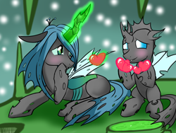 Size: 1024x768 | Tagged: safe, artist:shujiwakahisaa, queen chrysalis, changeling, changeling queen, nymph, 12 days of christmas, blushing, changeling feeding, christmas, christmas changeling, cute, cutealis, cuteling, duo, female, glowing horn, heart, hearth's warming eve, magic, prone, sitting, smiling, snow, twelve days of christmas