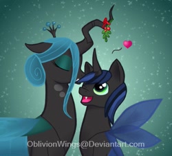 Size: 687x623 | Tagged: safe, artist:oblivionwings, queen chrysalis, oc, oc:mimicry, changeling, changeling queen, changepony, hybrid, alternate hairstyle, christmas changeling, cute, cutealis, duo, female, forehead kiss, heart, holly, holly mistaken for mistletoe, interspecies offspring, kissing, mistleholly, mommy chrissy, mother and child, mother and son, ocbetes, offspring, parent and child, parent:queen chrysalis, parent:shining armor, parents:shining chrysalis, platonic, platonic kiss, watermark