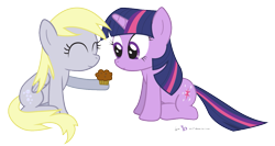 Size: 1125x600 | Tagged: safe, artist:dm29, derpibooru import, derpy hooves, twilight sparkle, pegasus, pony, female, lesbian, mare, muffin, shipping, simple background, transparent background, twerpy