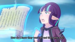 Size: 1280x721 | Tagged: safe, artist:jonfawkes, starlight glimmer, human, the cutie re-mark, clothes, crying, dialogue, elf ears, humanized, jacket, levitation, magic, scene interpretation, scroll, solo, telekinesis