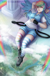 Size: 792x1188 | Tagged: safe, artist:saintprecious, derpibooru import, rainbow dash, human, clothes, cloudsdale, female, humanized, socks, striped socks, winged humanization, wings