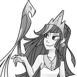 Size: 800x800 | Tagged: safe, artist:thelivingmachine02, derpibooru import, philomena, twilight sparkle, phoenix, armpits, costume, grayscale, humanized, monochrome, simple background, white background