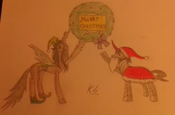 Size: 1024x674 | Tagged: safe, artist:kishinshruikan, king sombra, queen chrysalis, changeling, changeling queen, pony, unicorn, christmas, chrysombra, female, male, shipping, straight, traditional art