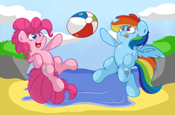 Size: 3000x1985 | Tagged: safe, artist:graphene, pinkie pie, rainbow dash, earth pony, pegasus, pony, beach, beach ball, cute