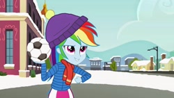 Size: 1280x720 | Tagged: safe, derpibooru import, edit, edited screencap, screencap, rainbow dash, equestria girls, rainbow rocks, clothes, football, scarf, snow, solo, winter