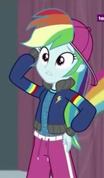 Size: 283x480 | Tagged: safe, derpibooru import, screencap, rainbow dash, dance magic, equestria girls, spoiler:eqg specials, backwards ballcap, baseball cap, cap, clothes, cropped, female, hip hop, jacket, outfit, rapper dash, sexy, zoomed in