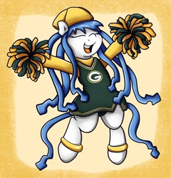 Size: 1231x1280 | Tagged: safe, artist:graphene, pony, american football, anklet, bipedal, cheering, cheerleader, clothes, cute, dreadlocks, dress, eyes closed, green bay packers, gridiron football, happy, ika musume, nfl, open mouth, pom pom, ponified, shirt, simple background, smiling, solo