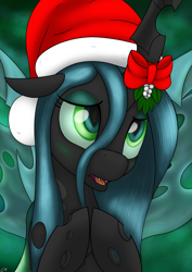 Size: 1360x1920 | Tagged: safe, artist:conscious-aberration, queen chrysalis, changeling, changeling queen, blushing, christmas, cute, cutealis, hat, mistletoe, santa hat, solo