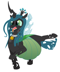 Size: 1244x1488 | Tagged: safe, artist:adlaz, queen chrysalis, changeling, changeling queen, belly, big belly, collar, object stuffing, open mouth, padlock, padlocked collar, sand, simple background, solo, stuffed, tongue out, transparent flesh, uncomfortable