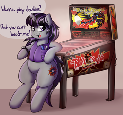 Size: 1280x1200 | Tagged: safe, artist:graphene, oc, oc only, oc:magna-save, pony, bipedal, bipedal leaning, cute, looking at you, open mouth, pinball, pinball machine, solo