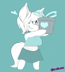 Size: 1152x1280 | Tagged: safe, artist:gin-blade, anthro, earth pony, unguligrade anthro, adorable face, big breasts, blouse, breasts, chibi, clothes, commission, cute, digital art, eyes closed, female, monochrome, present, simple background, skirt, solo, tail