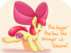 Size: 1280x954 | Tagged: safe, artist:graphene, apple bloom, earth pony, pony, adorabloom, bow, cute, cutie mark, female, filly, foal, hair bow, i grow stronger every day, impossibly large bow, open mouth, open smile, smiling, solo, strong, talking, the cmc's cutie marks