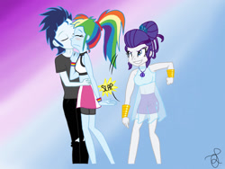 Size: 1024x768 | Tagged: safe, artist:ilaria122, derpibooru import, rainbow dash, rarity, soarin', equestria girls, clothes, compression shorts, draw the squad, equestria girls-ified, hair bun, high five, low five, male, midriff, ponytail, ripped pants, see-through, shipping, skirt, soarindash, straight