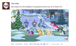 Size: 578x349 | Tagged: safe, derpibooru import, applejack, fluttershy, pinkie pie, rainbow dash, rarity, twilight sparkle, earth pony, pegasus, pony, unicorn, a rather festive tree, facebook, hub logo, mane six, the hub