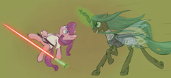 Size: 3565x1629 | Tagged: safe, artist:plotcore, lily longsocks, queen chrysalis, changeling, changeling queen, earth pony, pony, crossover, duel, duo, female, fight, filly, glowing horn, jedi, lightsaber, magic, simple background, sith, star wars, telekinesis, weapon