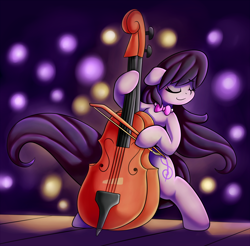 Size: 2300x2265 | Tagged: safe, artist:graphene, octavia melody, earth pony, pony, bipedal, bow (instrument), cello, cello bow, eyes closed, musical instrument, smiling, solo, stage