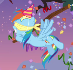 Size: 354x340 | Tagged: safe, derpibooru import, screencap, rainbow dash, pegasus, pony, pinkie pride, blindfold, cropped, female, flying, hat, mare, party hat, smiling, solo, stick